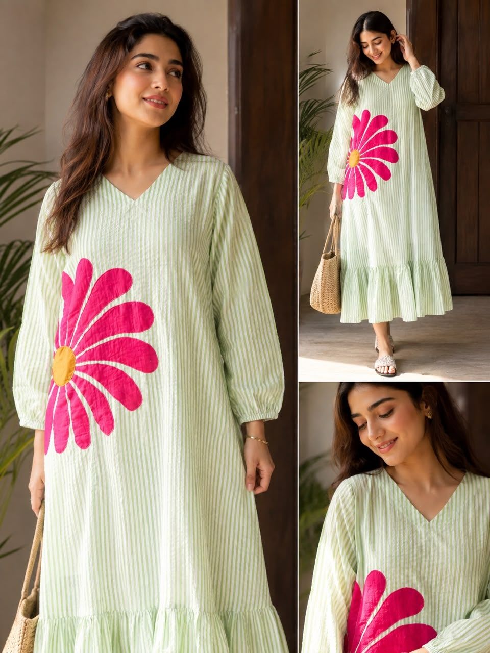 Cotton Stripes organic cotton dress features a prominent pink floral d – Fallal India