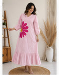 Cotton Stripes organic cotton dress features a prominent pink floral design and striped pattern in pink