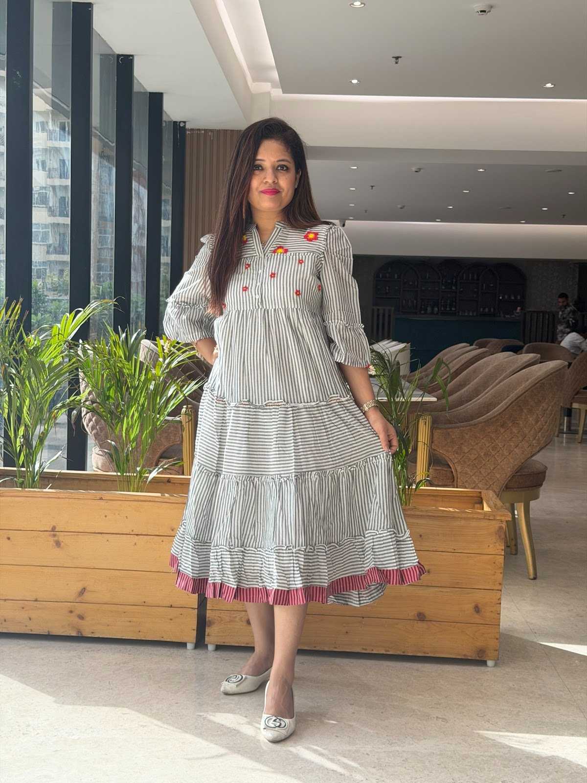 Cotton Yarn Long Dress Puff Sleeves With Handwork Mul Cotton Lining