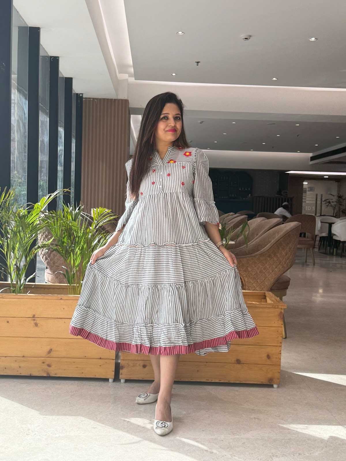 Cotton Yarn Long Dress Puff Sleeves With Handwork Mul Cotton Lining