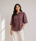 Crafted purplish brown shirt In cotton flex with fabric motif