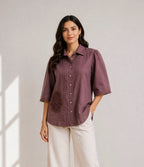Crafted purplish brown shirt In cotton flex with fabric motif