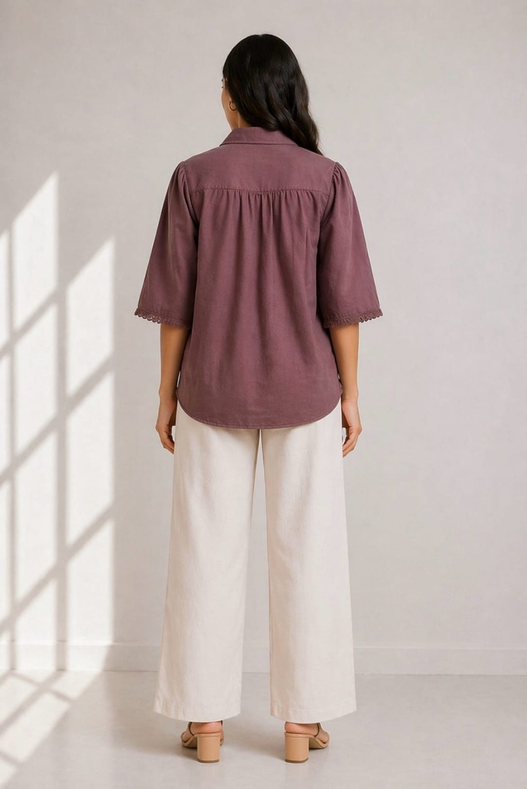 Crafted purplish brown shirt In cotton flex with fabric motif