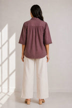 Crafted purplish brown shirt In cotton flex with fabric motif