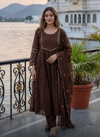 Dark Brown Mul Chanderi suit set with adda work beautiful hamd work along with lining