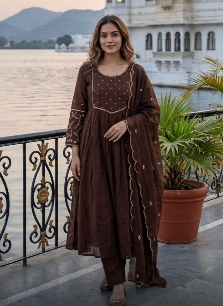 Dark Brown Mul Chanderi suit set with adda work beautiful hamd work along with lining
