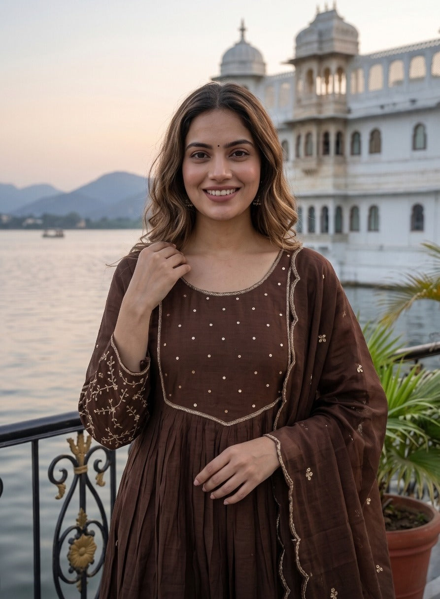 Dark Brown Mul Chanderi suit set with adda work beautiful hamd work along with lining