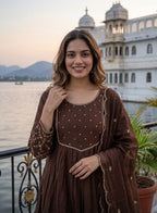 Dark Brown Mul Chanderi suit set with adda work beautiful hamd work along with lining
