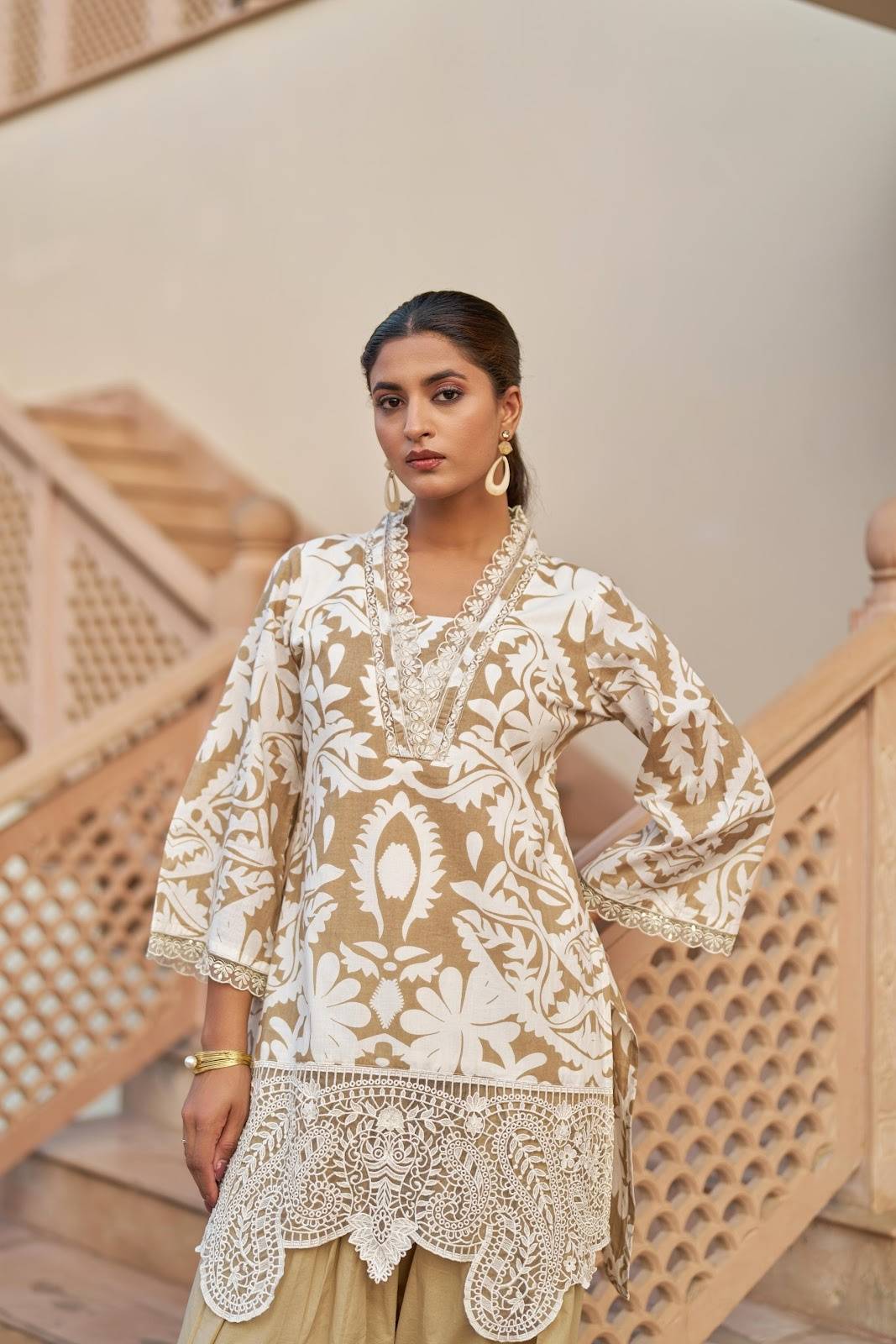 Farshi Salwar Fabric Cotton Suit Set in Green and Brown