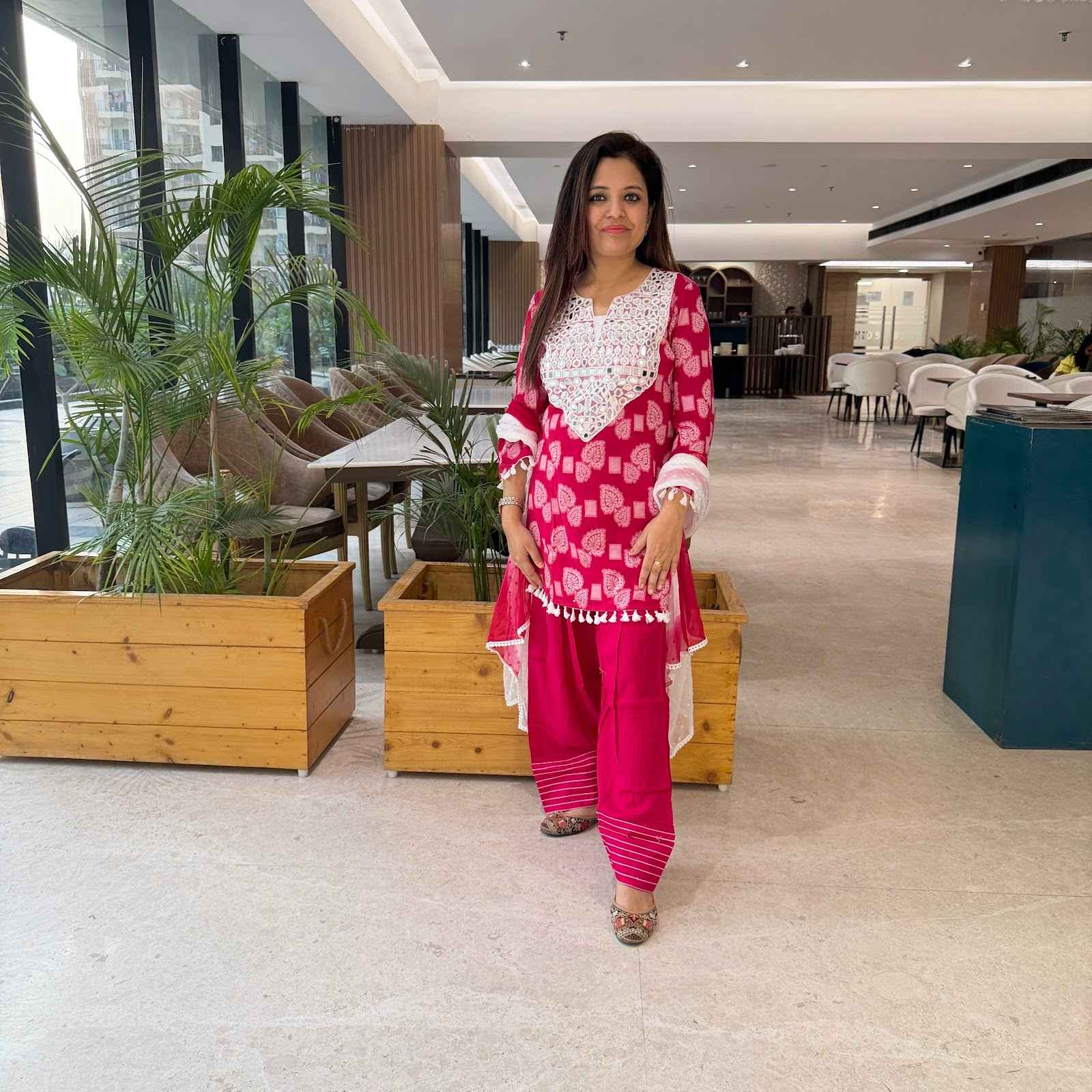 Farshi Salwar In Pure Cotton With Chiffon Dupata With Hand Weave Kurta With Pom Pom Detailing With Original Mirror Work in Red and Rani Colour