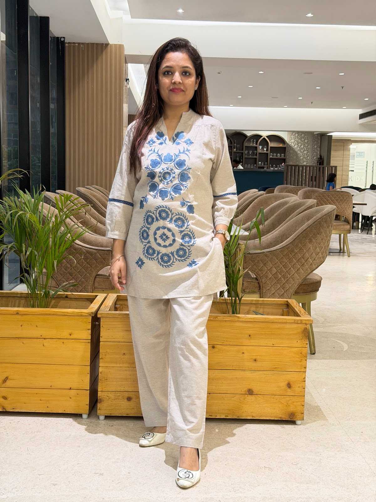 Flex Cotton Embroidery Coordset Designer Sleeves With Pockets