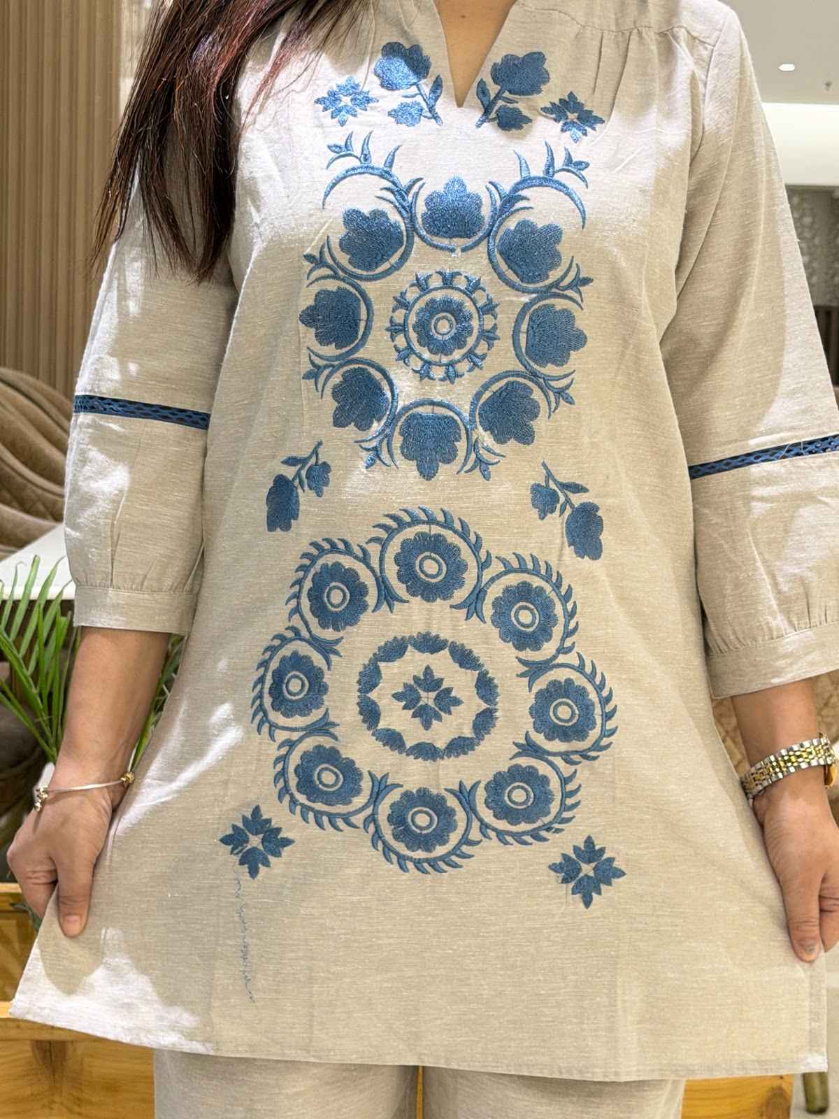 Flex Cotton Embroidery Coordset Designer Sleeves With Pockets