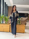 Flex Cotton Jacket Style Coordset Full Embroidered With Flex Cotton Bottom in Black