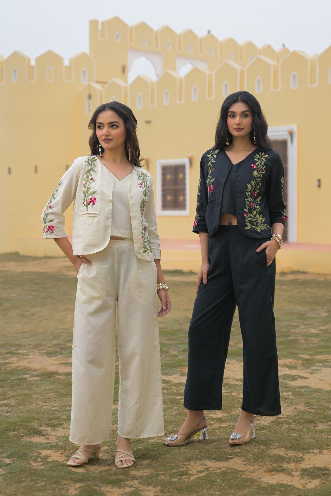 Flex Cotton Jacket Style Coordset Fully Embroidered On Jacket and Top With Pockets In Bottom