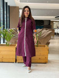 Flex Cotton Pant Set With Handwork Embroidered On Sleeves With Pockets In Bottom