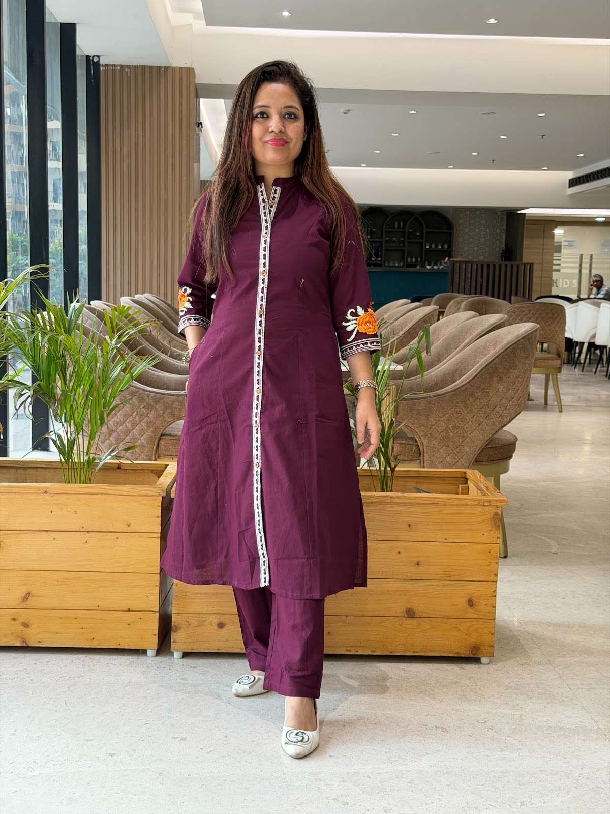Flex Cotton Pant Set With Handwork Embroidered On Sleeves With Pockets In Bottom