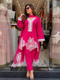 Fruchia Pink Dreamy pure cotton Sciffli farsi salwaar cut work with pearl detailing on kurta and dupatta