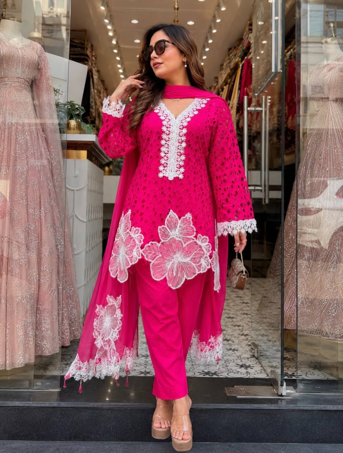 Fruchia Pink Dreamy pure cotton Sciffli farsi salwaar cut work with pearl detailing on kurta and dupatta