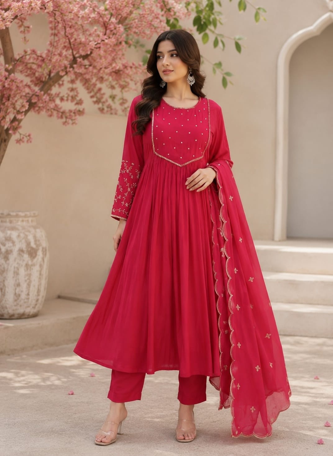 Fruchia Pink Mul Chanderi suit set with adda work beautiful hamd work along with lining