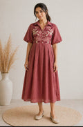 Fit and Flare Pink Rose Maxi/Full Length Dress, featuring a textured fabric, a collared V-neckline, and detailed front embroidery