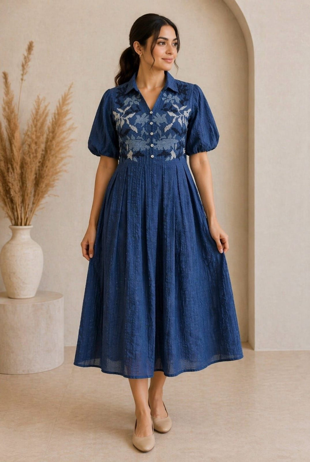 Fit and Flare Blue Maxi/Full Length Dress, featuring a textured fabric, a collared V-neckline, and detailed front embroidery
