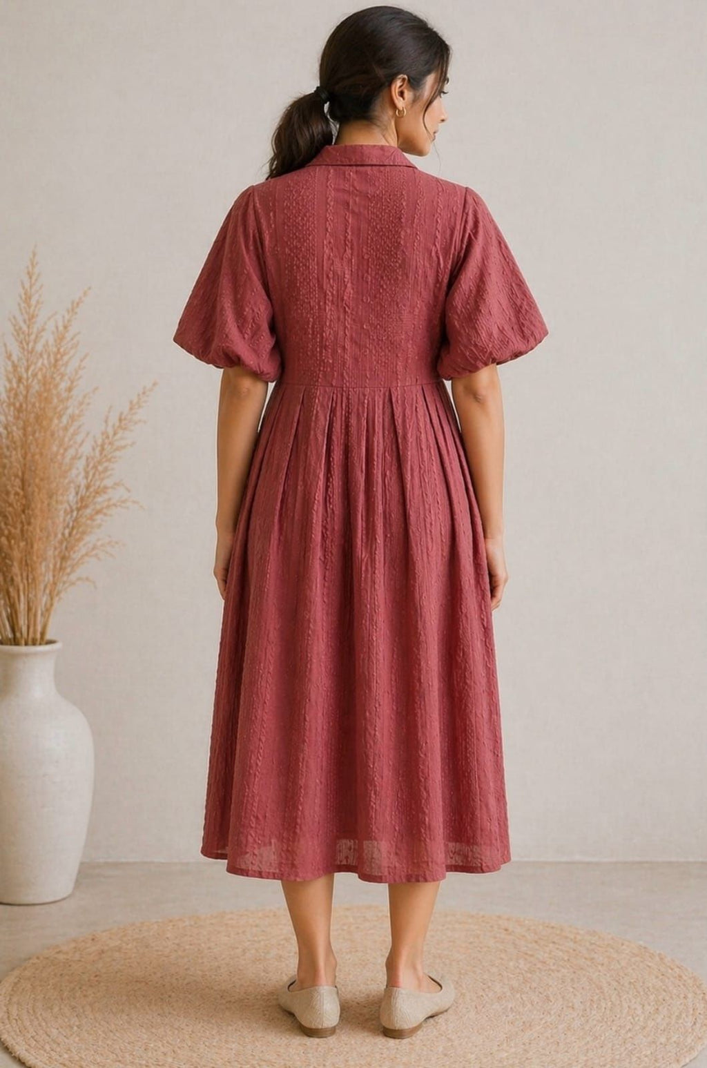 Fit and Flare Pink Rose Maxi/Full Length Dress, featuring a textured fabric, a collared V-neckline, and detailed front embroidery