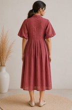 Fit and Flare Pink Rose Maxi/Full Length Dress, featuring a textured fabric, a collared V-neckline, and detailed front embroidery