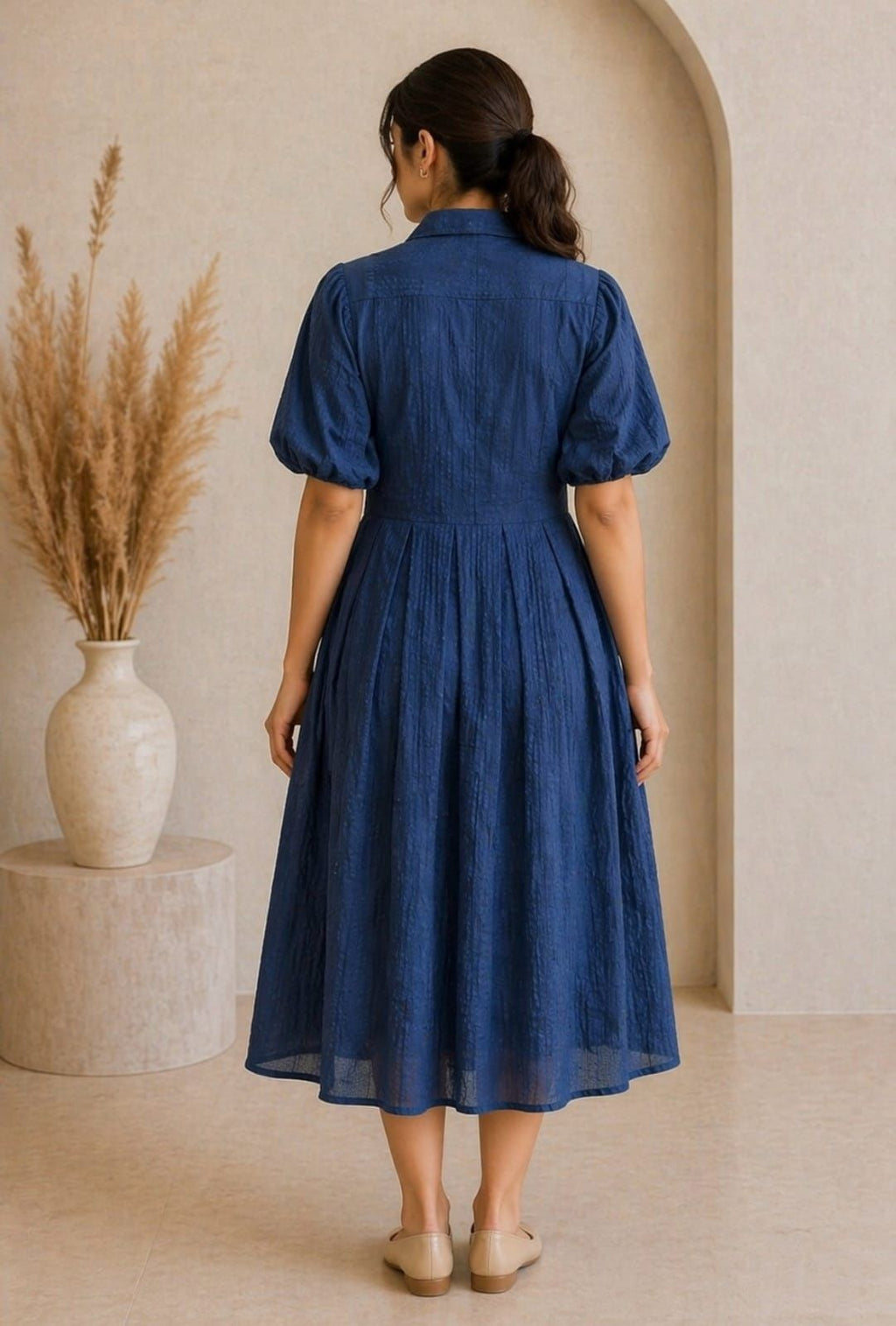 Fit and Flare Blue Maxi/Full Length Dress, featuring a textured fabric, a collared V-neckline, and detailed front embroidery