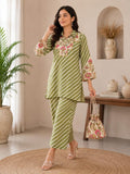 green and cream leheriya printed muslin tunic and trouser cord set with embroidered details