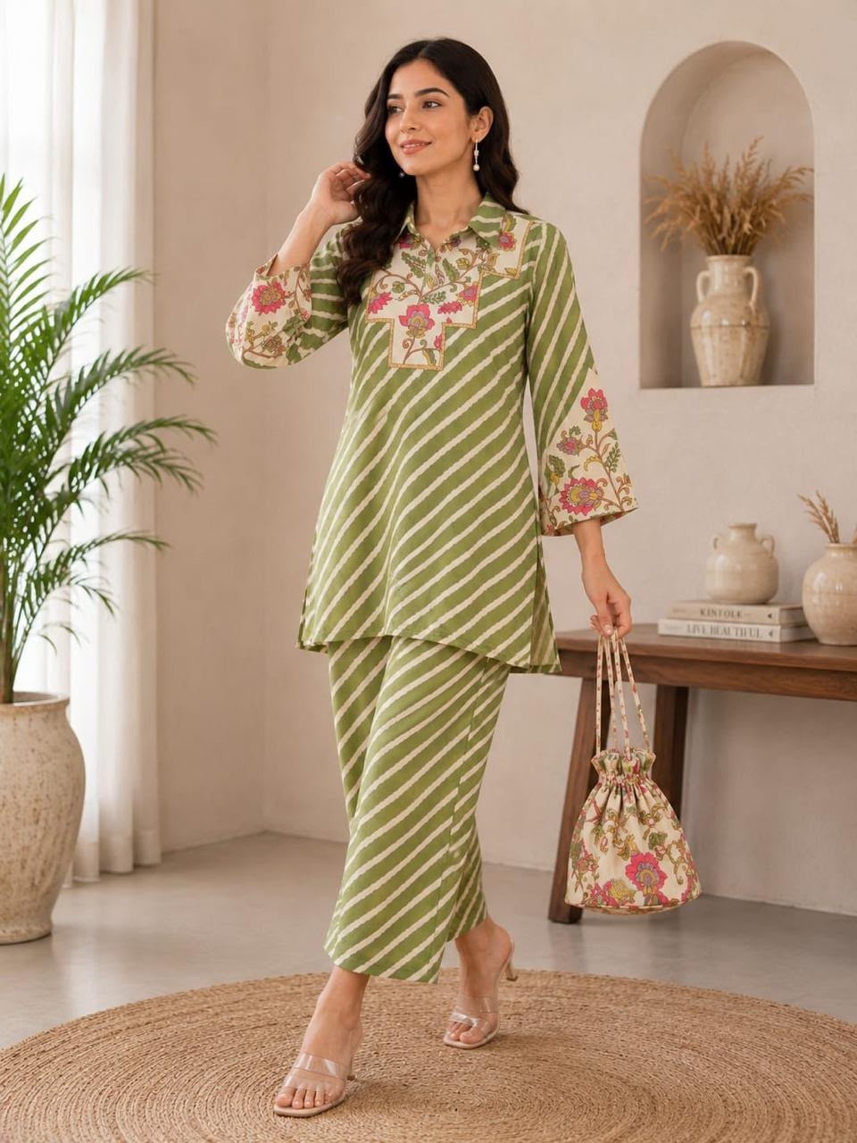 green and cream leheriya printed muslin tunic and trouser cord set with embroidered details