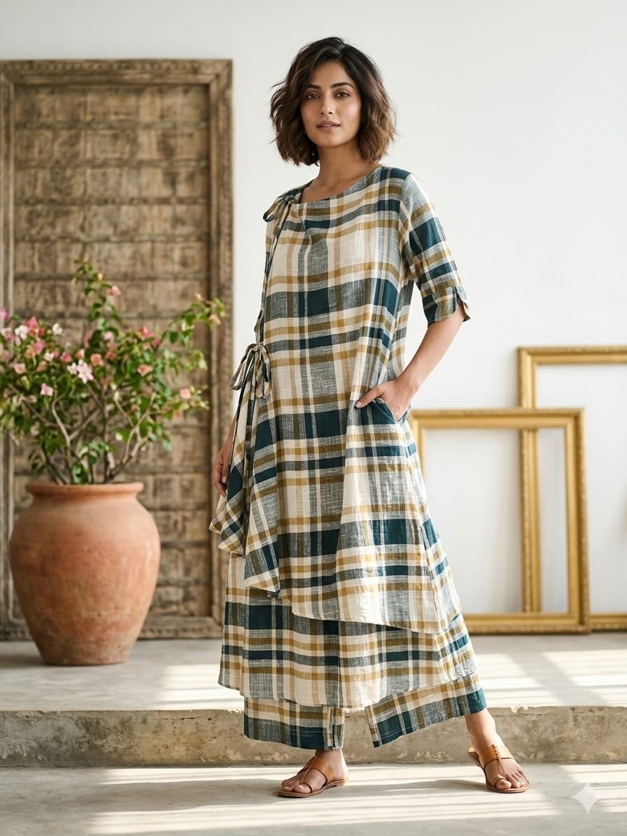 Green and yellow Gauze cotton angrakha style dress