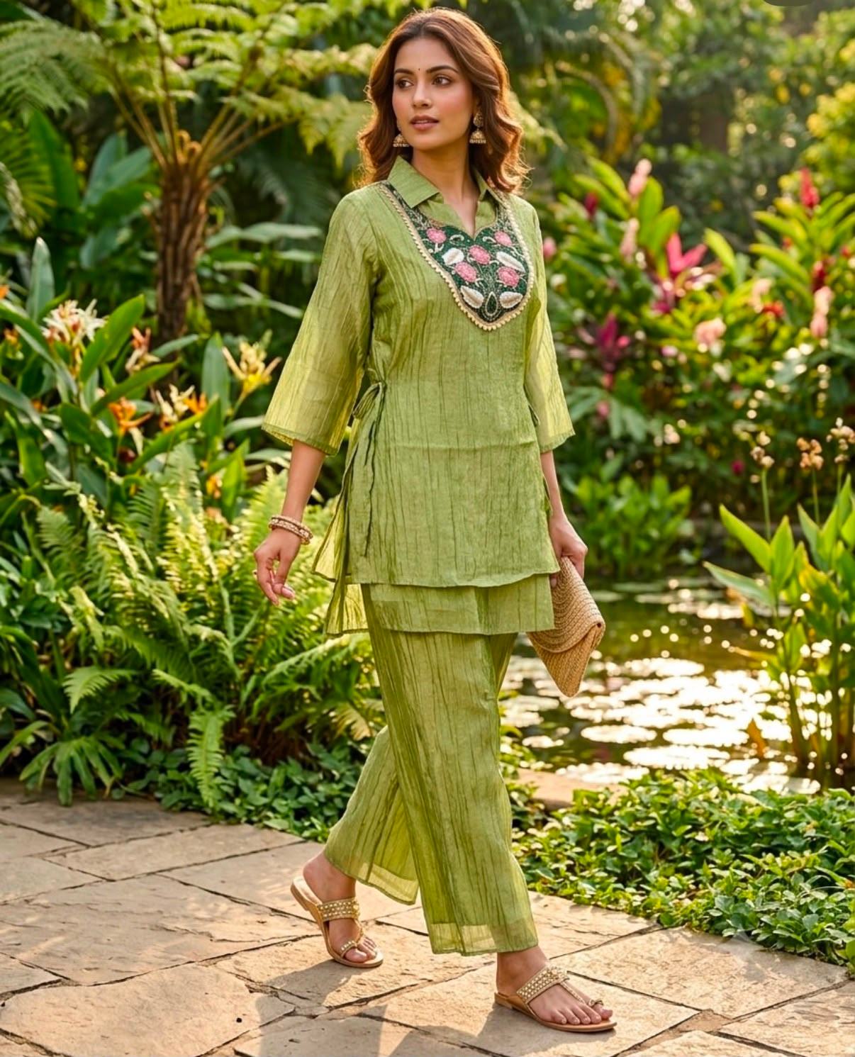green floral highlighted yoke salsa tissue co-ord set featuring an embellished collar and double-layered tunic