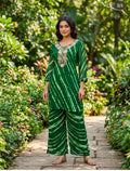 green leheriya print georgette co-ord set featuring delicate floral embroidery on the neckline with cotton lining