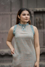 Halter neck kurta clutoes set in gauze cotton with mirror detailing