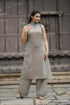 Halter neck kurta clutoes set in gauze cotton with mirror detailing
