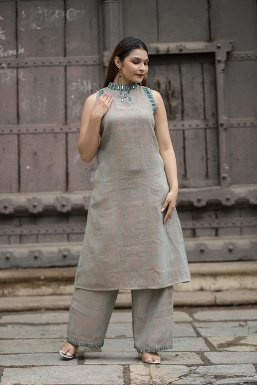 Halter neck kurta clutoes set in gauze cotton with mirror detailing