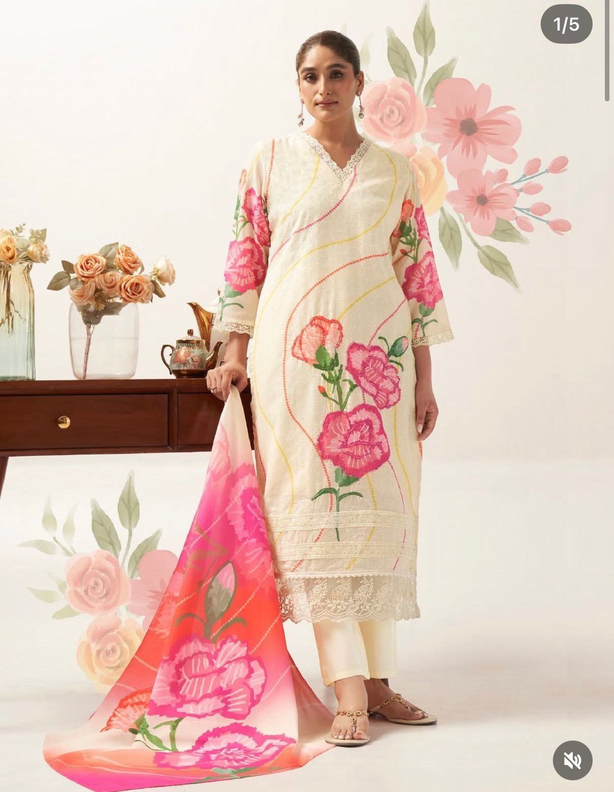 Handpainted Pure Cotton Suit Set With Lace Work Cotton Bottom With Dupatta