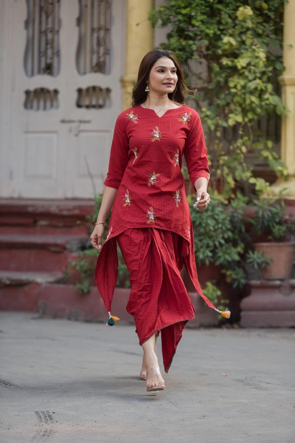 Maroon Indo western coord set hand work pure cotton asymmetric tunic  with tulip style dhoti pants