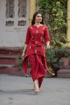 Maroon Indo western coord set hand work pure cotton asymmetric tunic  with tulip style dhoti pants