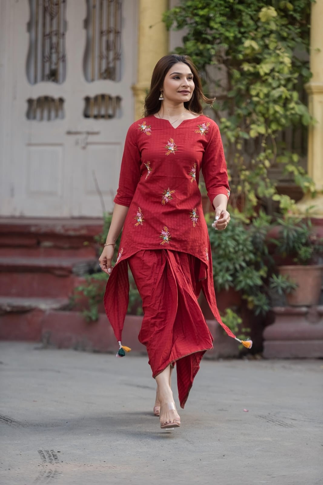 Maroon Indo western coord set hand work pure cotton asymmetric tunic  with tulip style dhoti pants