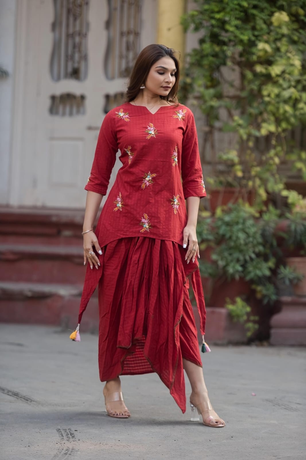 Maroon Indo western coord set hand work pure cotton asymmetric tunic  with tulip style dhoti pants