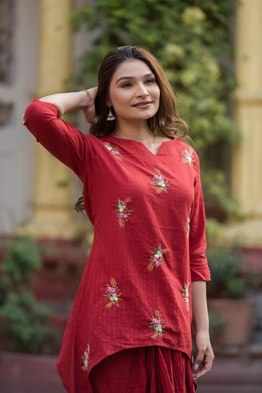 Maroon Indo western coord set hand work pure cotton asymmetric tunic  with tulip style dhoti pants