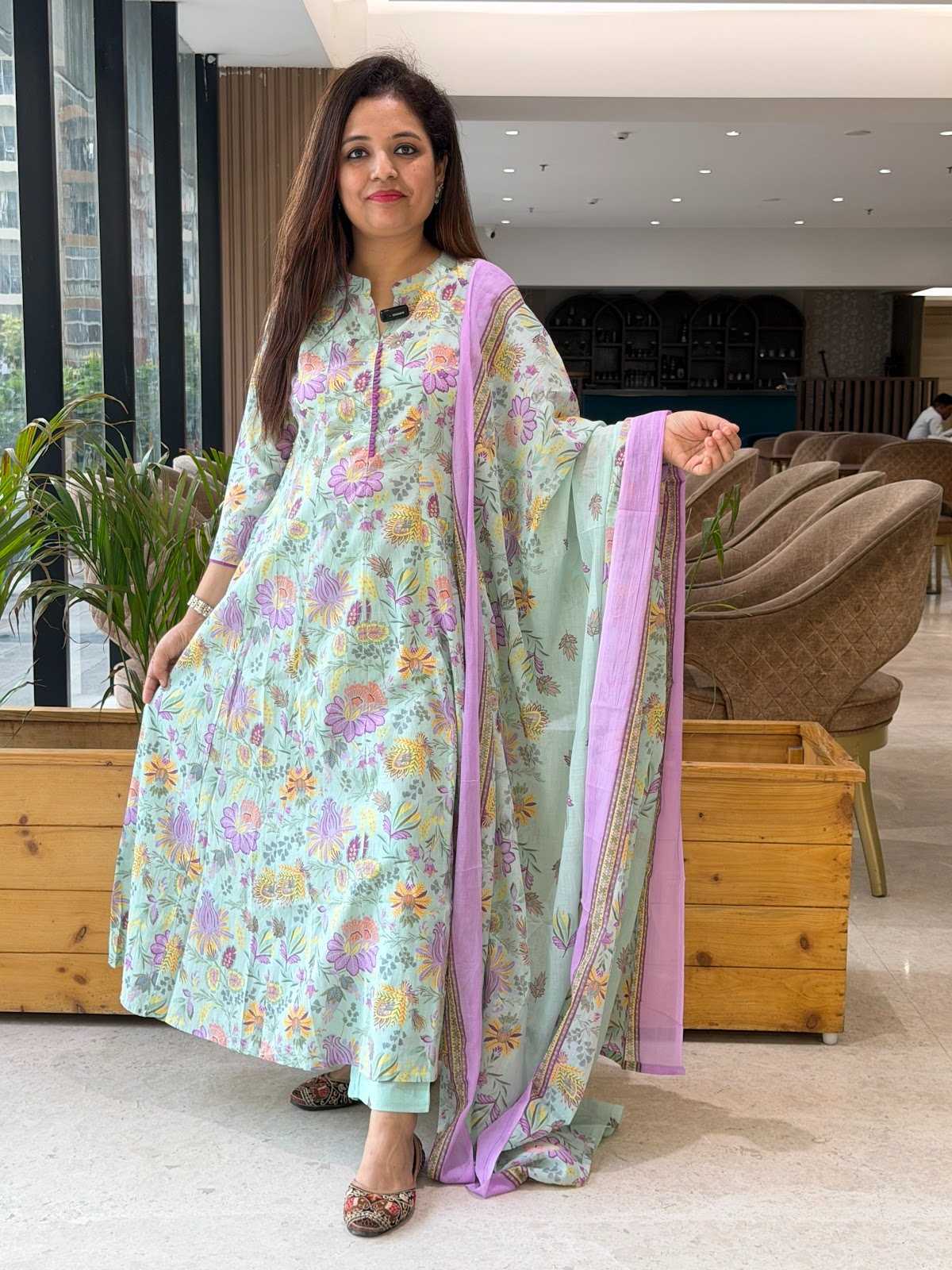 Light Green Floral cotton Anarkali suit