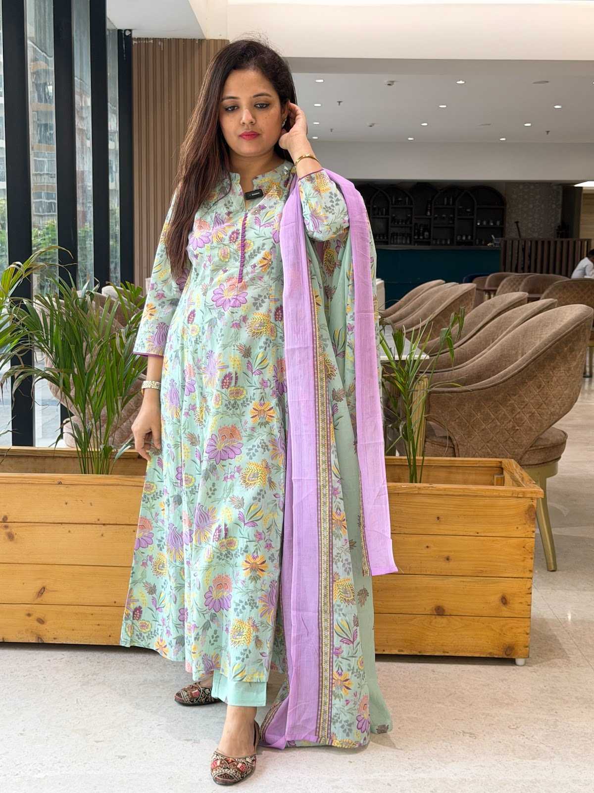 Light Green Floral cotton Anarkali suit