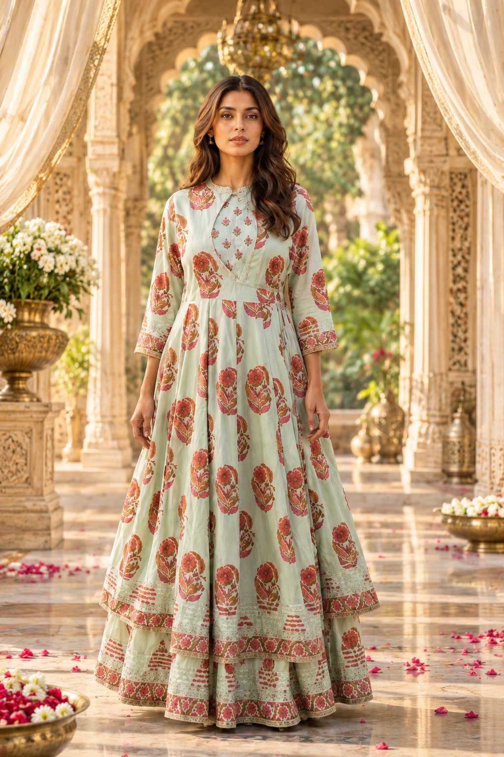 Light green floral-printed Angrakha Anarkali gown with a layered and flared design