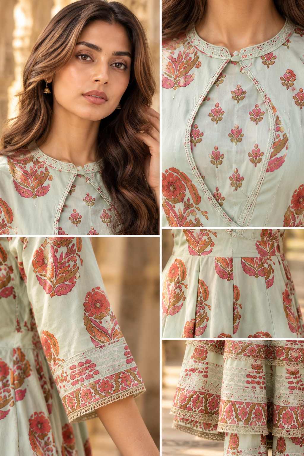 Light green floral-printed Angrakha Anarkali gown with a layered and flared design