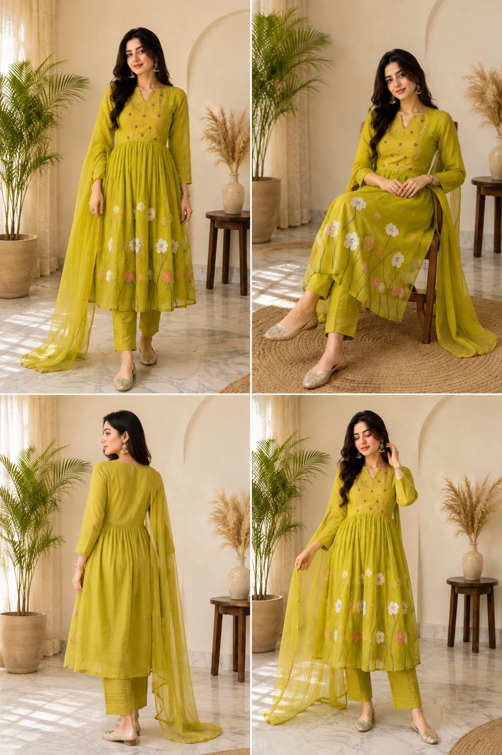 Lime green flaired anarkali With multicolour floral embroidery and lining
