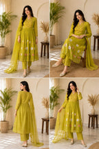 Lime green flaired anarkali With multicolour floral embroidery and lining