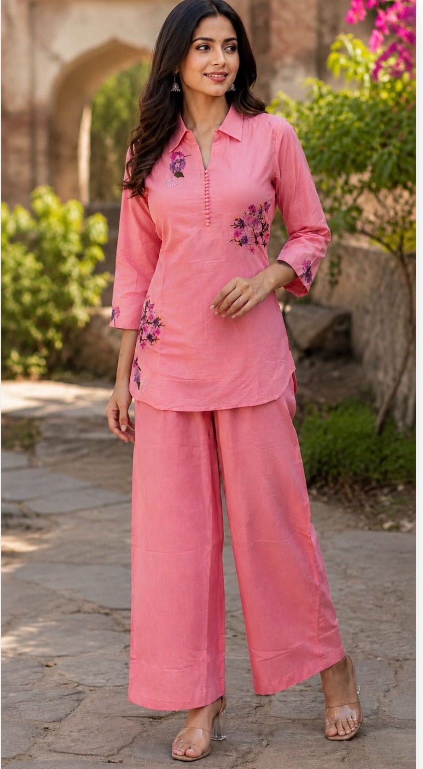Mal cotton pink coorset with linkng and hand embroidery all over top