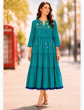Mal cotton Teal blue embroidered maxi dress with handwork floral embroidery